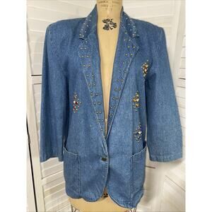 90’s Women’s Denim Blazer Jacket Blue Western Cowgirl Trendy Medium Embellished